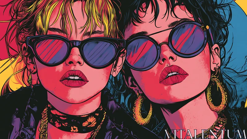 Two stylized women wear sunglasses in bold neon colors