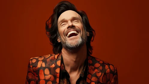 Sunlit laughter erupts from a patterned suit of blazing amber