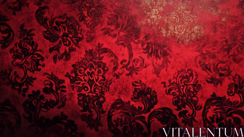 Red damask wallpaper with distressed ornamental pattern.