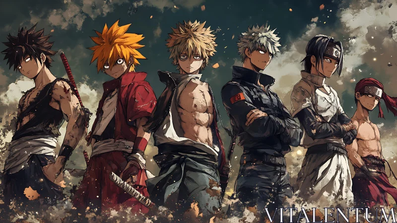 Anime warrior lineup in gritty shonen battle illustration style.