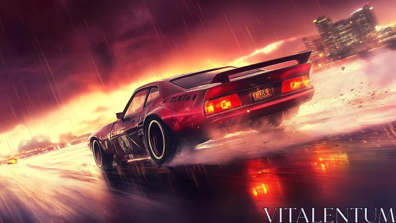 Red muscle car drifting on wet city highway at night.