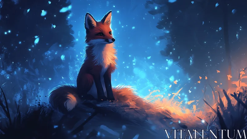 Luminous fox rests in an enchanted, bioluminescent forest night