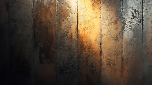 Rusted metal panels with warm industrial light glow.