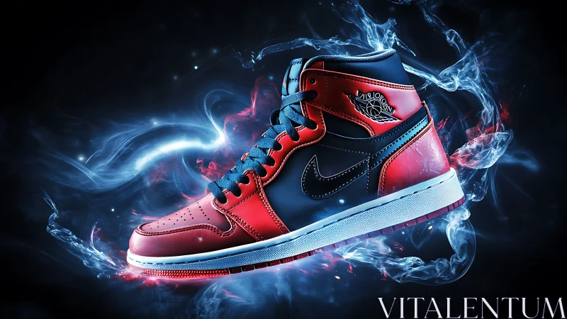Red and black basketball sneaker with glowing smoke effect.