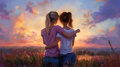 Two Women Embracing at Sunset in Impressionist Style Painting.