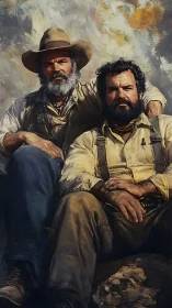 Bearded cowboys resting on rocky ground in warm light.