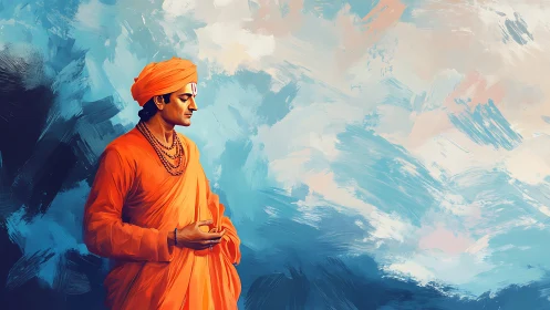Calm monk in orange robes against swirling blue sky.