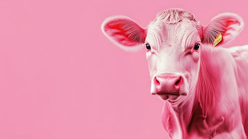 Candy-pink cow portrait on bold monochrome backdrop.