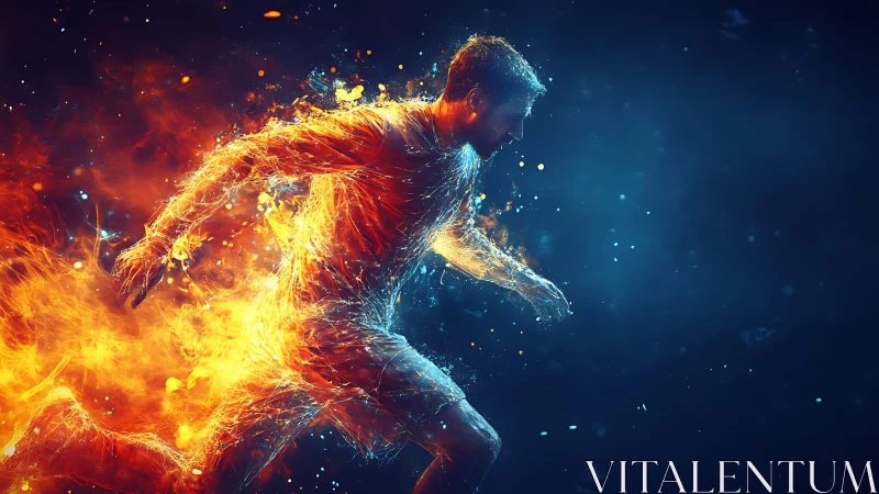 Human figure in motion rendered with fire and water effects.