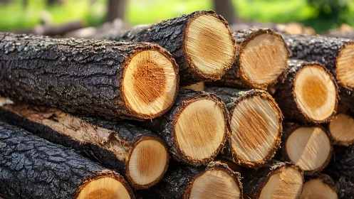 Freshly cut firewood logs lie stacked in warm afternoon sun
