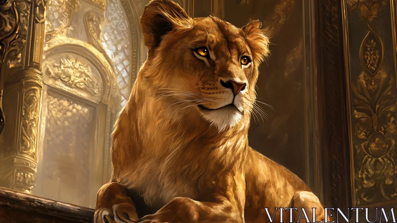 Digital lioness in ornate interior with warm light focus.