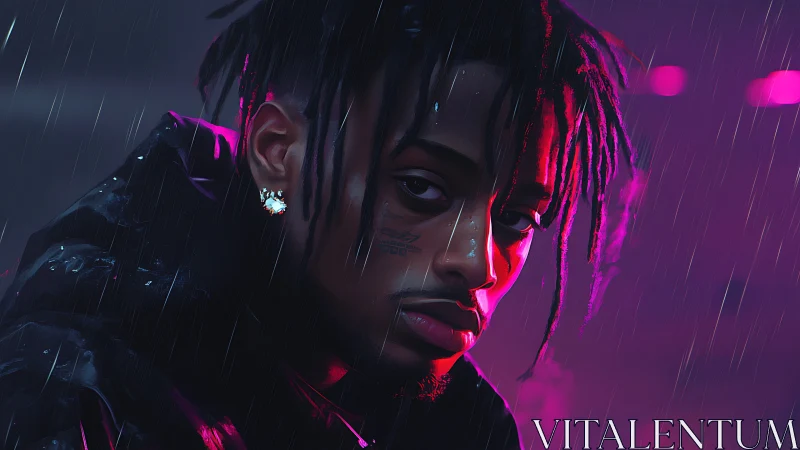 Digital portrait of male figure in neon lit rain setting.