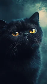 Black feline with golden iris optical luminosity and whisker prominence.