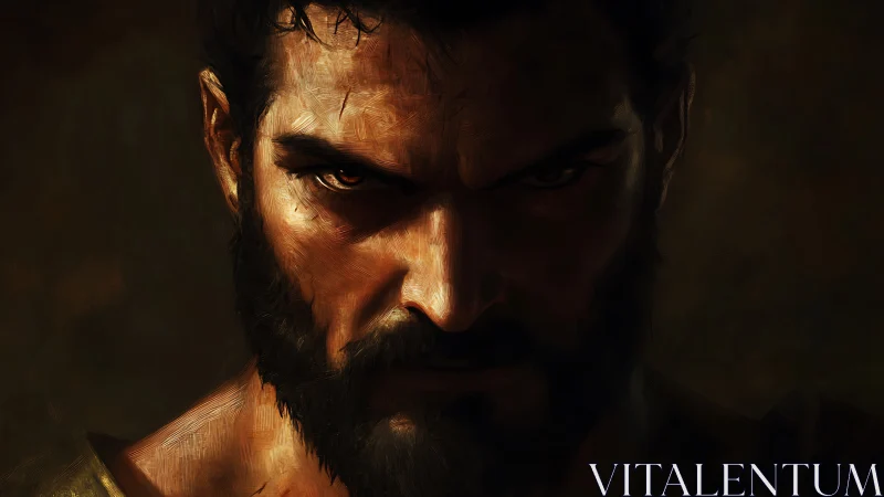 Intense warrior portrait under dramatic chiaroscuro light.
