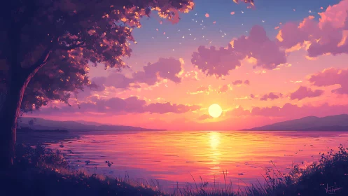 Spectral lake horizon at dusk with volumetric cloud gradient.