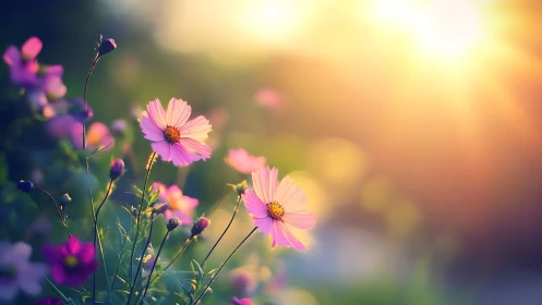 Pink cosmos flowers bloom in golden afternoon light.