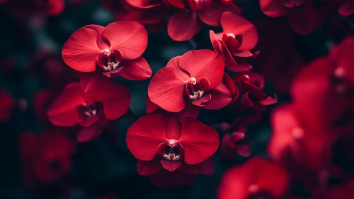 Red orchid flowers fill frame with shallow depth of field
