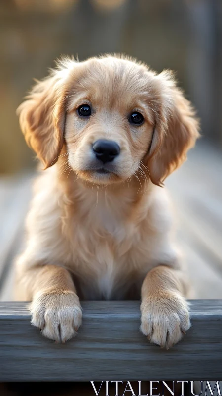 Photorealistic golden puppy portrait with shallow depth of field.