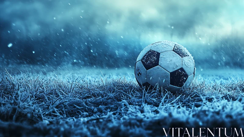 Soccer ball on frosted grass under falling winter snow.