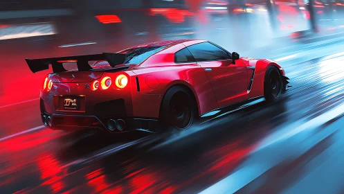Neon rain turns the red street racer into liquid lightning