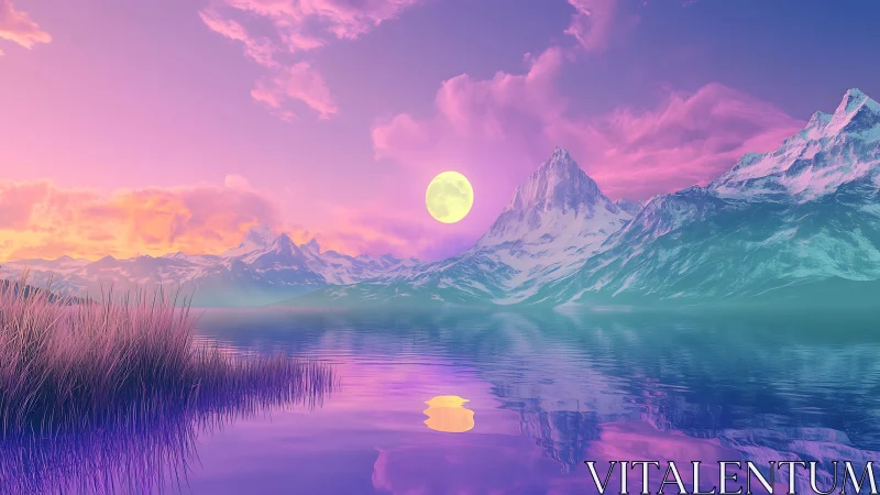 Neon moonlight bathes pastel mountains and mirrored lake.