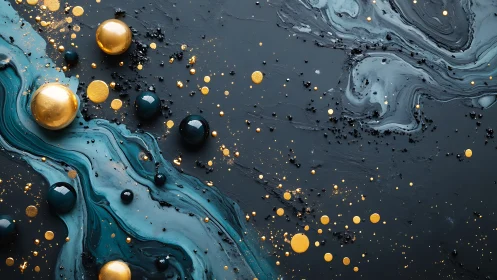 Golden spheres drift over teal and black fluid galaxies