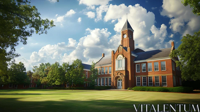 Sunlit brick schoolhouse with clock tower and green lawn.