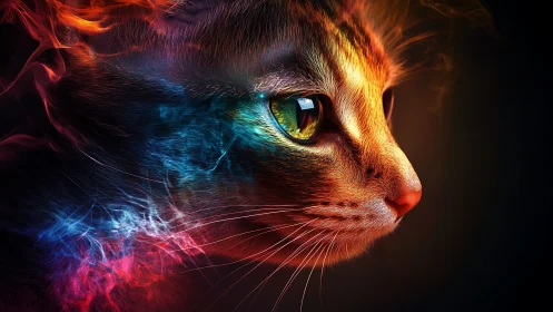 Neon-Illuminated Feline Portrait with Polychromatic Light Diffusion.