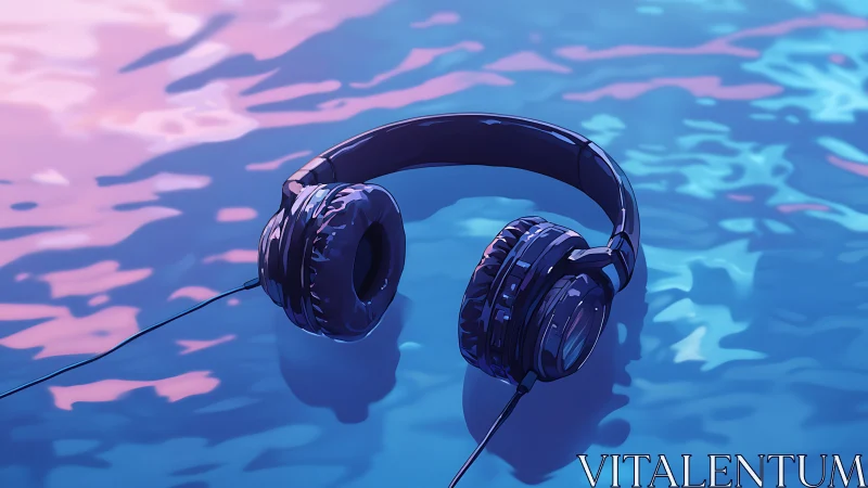 Digital painting of headphones on iridescent water surface.