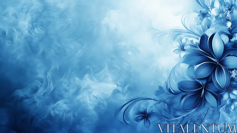 Dreamy blue blossoms unfolding in a gentle swirling mist.