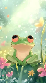 Whimsical frog portrait in luminous floral meadow composition.