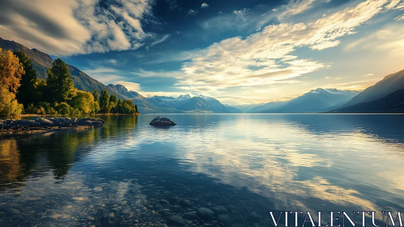 Mountain lake reflects clouds, trees, and distant snowy peaks