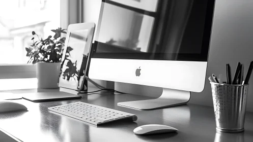 Monochrome minimalist workspace with desktop, tablet, and plant