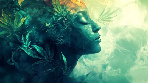 Surreal female profile merges with swirling cannabis leaves