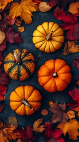 Autumn pumpkins rest among colorful fallen leaves on slate