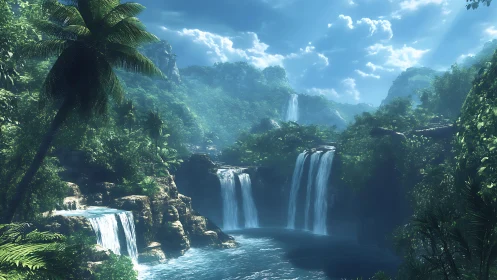 Multi-tier tropical waterfall basin in dense rainforest light