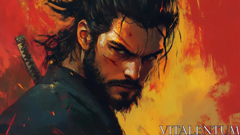 Digital painting portrait of a battle-scarred samurai warrior.