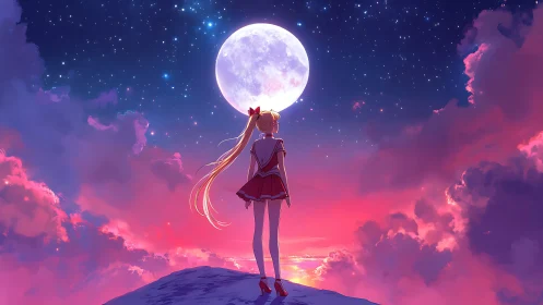 Moonlit schoolgirl gazes over pastel twilight horizon.