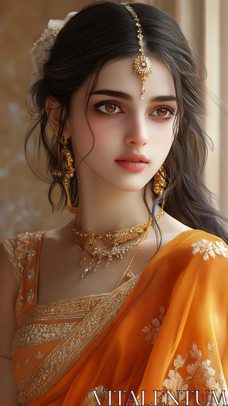Golden-eyed muse listens softly to the sari’s quiet song