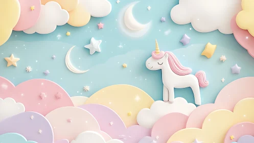 Pastel cartoon unicorn in layered dreamy cloudscape at night.