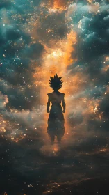 Starlit warrior silhouette stands calm in a glowing cosmic sky