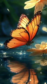 Monarch butterfly resting on flower above reflective water.