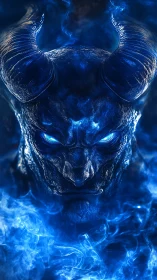Horned blue demon head glows amid swirling spectral flames.