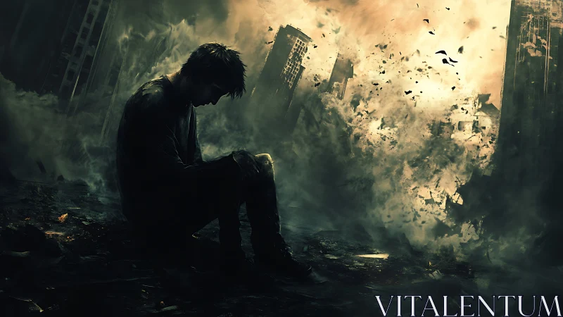 Solitary survivor broods as a crumbling city dissolves in ash.