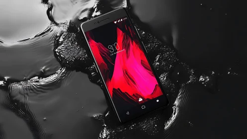 Black smartphone with red abstract display on liquid surface.