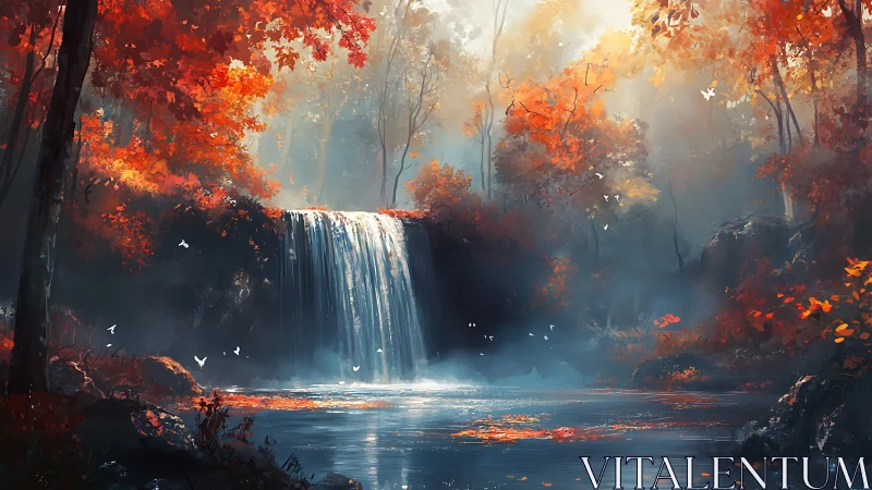 Waterfall in dense autumn forest with mist and still pool.