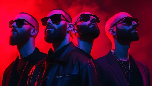Confident bearded friends glowing in bold neon red light.