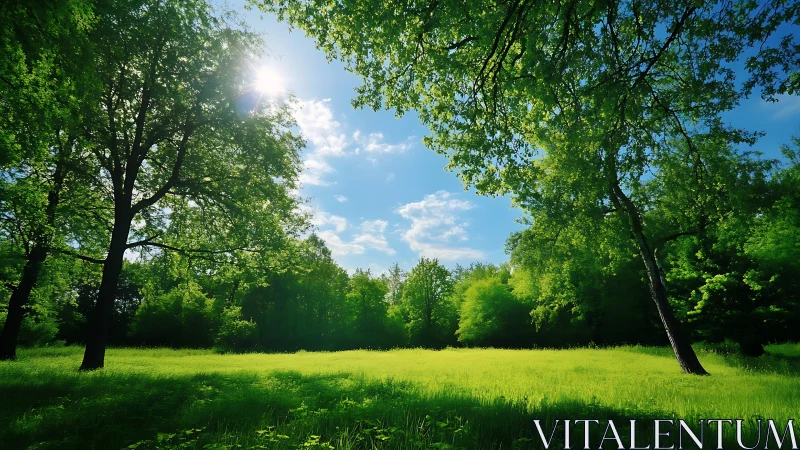 Sunlit grassy clearing is bordered by dense deciduous trees