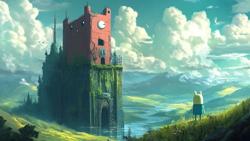 Curious adventurer gazes toward a towering mossy red keep