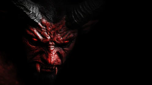 Infernal horned fiend emerging from a void of shadows.